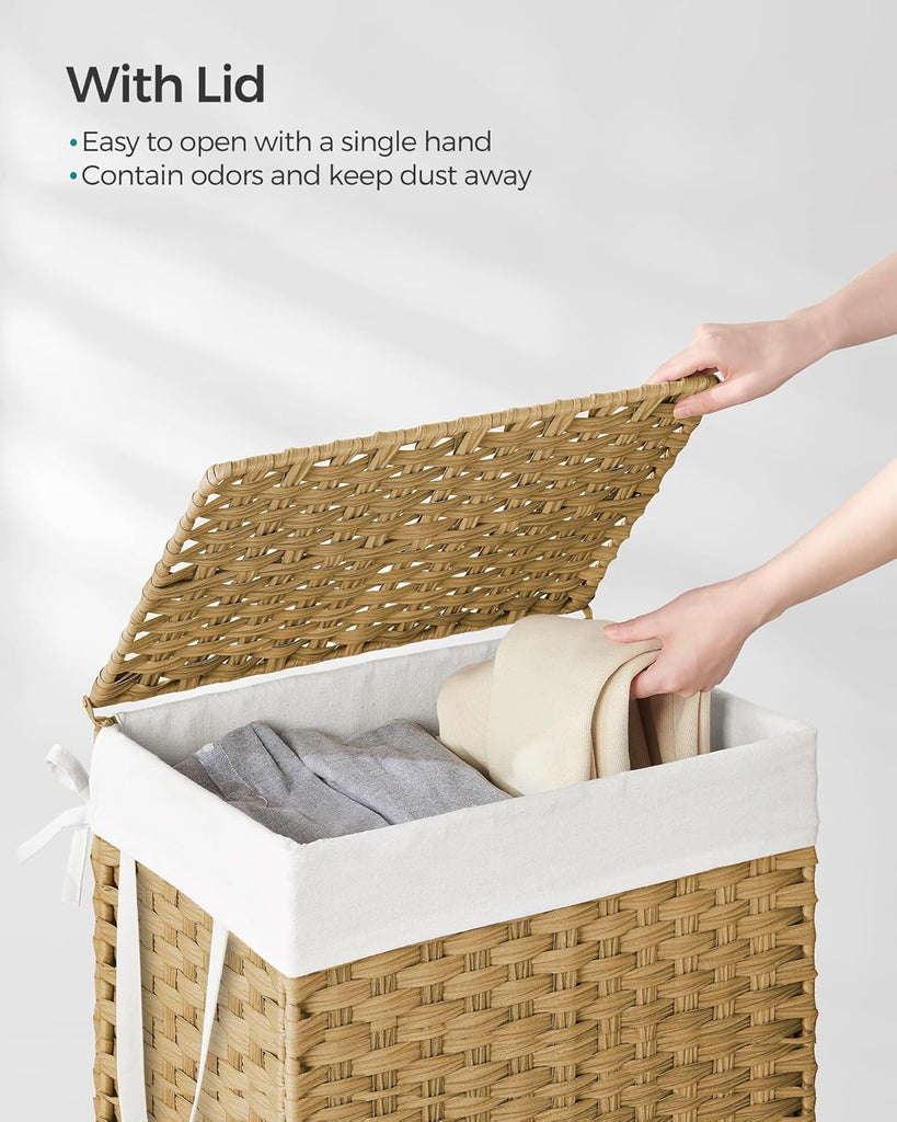 Laundry Hamper with Lid, 23.8 Gallon (90 L) Synthetic Rattan Clothes Laundry Basket with Lid and Handles, Foldable