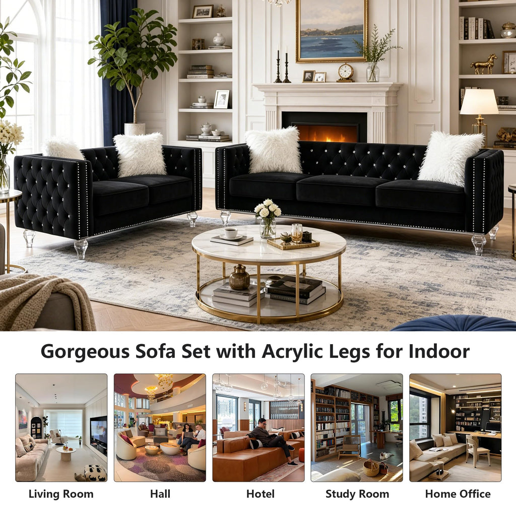 2 Piece Chesterfield Sofa Couch Set, Luxury Crystal Button Tufted Sofas with Silver Nailhead Trim Set of 2, Including