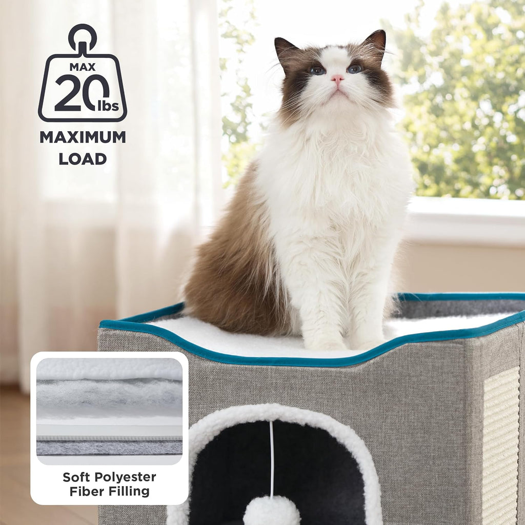 Cat House Bed for Indoor Cats with Fluffy Ball and Scratch Pad, Grey