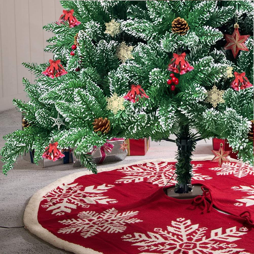 48" Knitted Red Christmas Tree Skirt with Snowflake Pattern for Xmas Winter Holiday Party Decoration(White Snowflake)