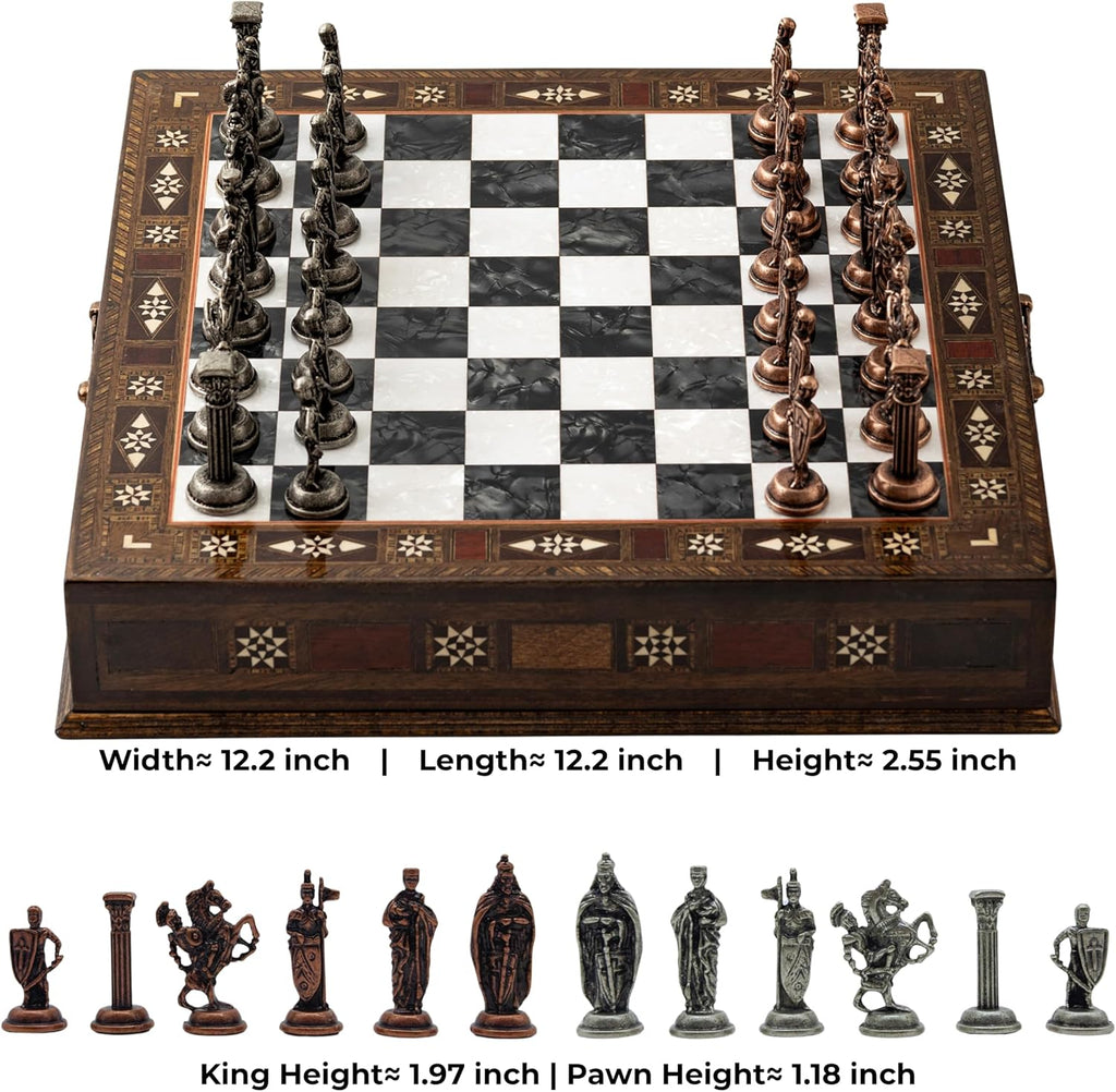 Luxury Handmade Wooden Chess Set with Metal Pieces - 12.2'' Decorative Storage Chess Board - British Themed Chess