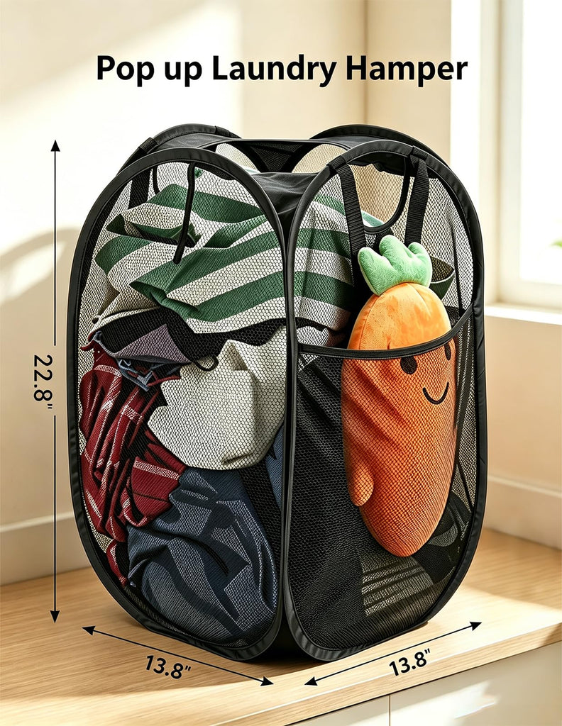 2 Pack Strong Mesh Pop Up Laundry Hamper, 70L Collapsible Laundry Basket with Steel Frame, Double‐Stitched Handles &
