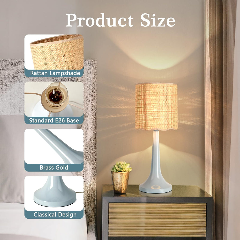 Light Blue Rattan Small Table Lamp, Light Blue Wicker Lamps for Bedside Nightstand, Rattan Shade Small Table Shape