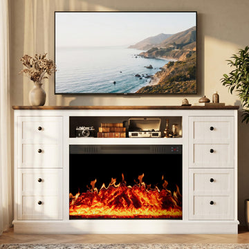 62" Farmhouse Fireplace TV Stand for up to 75" TV, White