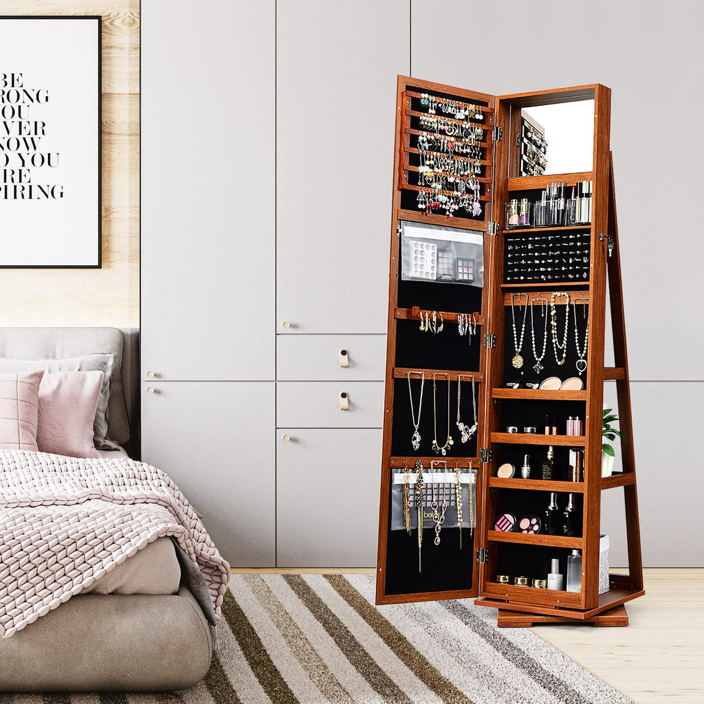 360 Rotating Jewelry Armoire Cabinet, Standing Jewelry Organizer w/Full-Length Mirror & Large Storage Space, Lockable