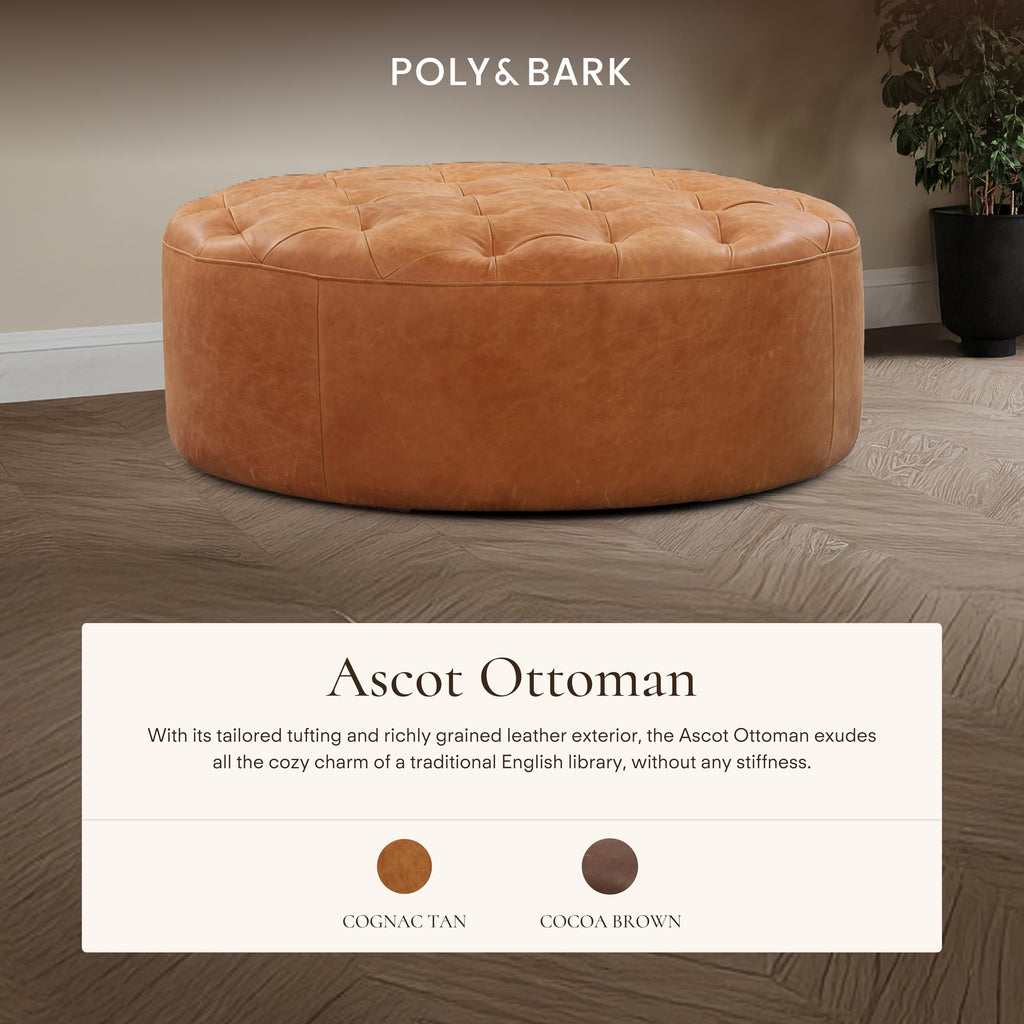 Ascot Ottoman - 40" Round Pouf with Feather-Down Topper - Full-Grain Leather Upholstered Pouf Ottoman - Vintage