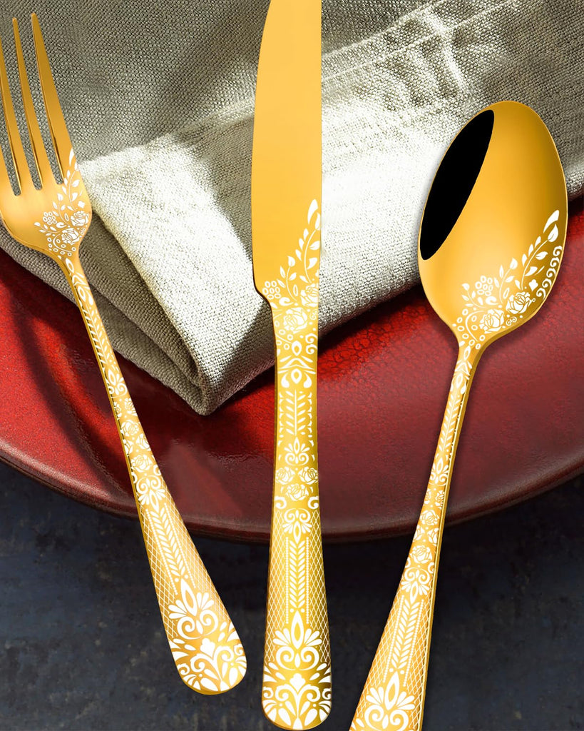 36 Piece Gold Silverware Set with Steak Knives Stainless Steel Flatware Set Food-Grade Cutlery for 6 Knife Fork Spoon