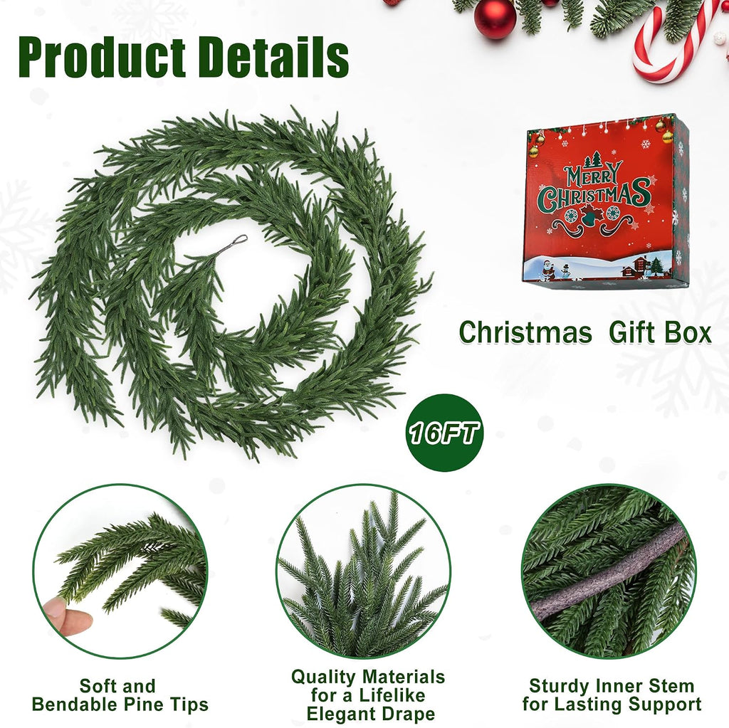 Realistic Thick and Lush Christmas Garland for Mantle Christmas Decorations Indoor 16FT Real Touch Artificial Pine