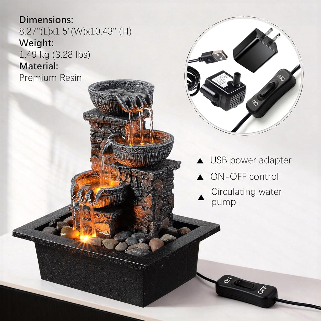 Tabletop Fountain 3 Bowls with LED Light Soothing Water Flowing Sound Fountain Zen/Meditation Decor Home Décor