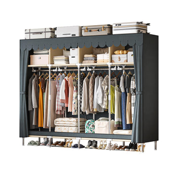 Large Portable Armoire Wardrobe Closet with 4 Hanging Rods and Lockers, Metal Storage Wardrobe Clothes Rack with Dust