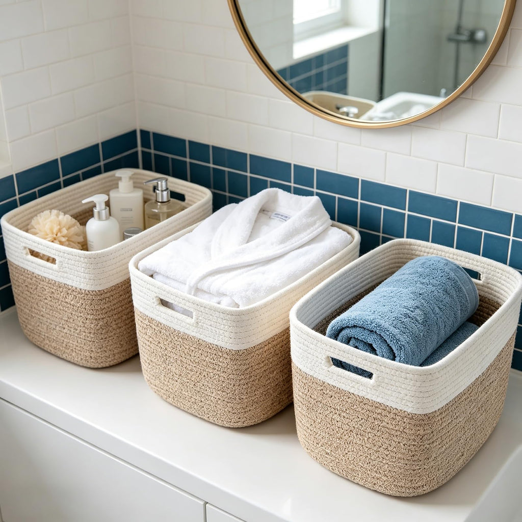 3 Pack Woven Baskets, Storage Baskets for Shelves with Handles
