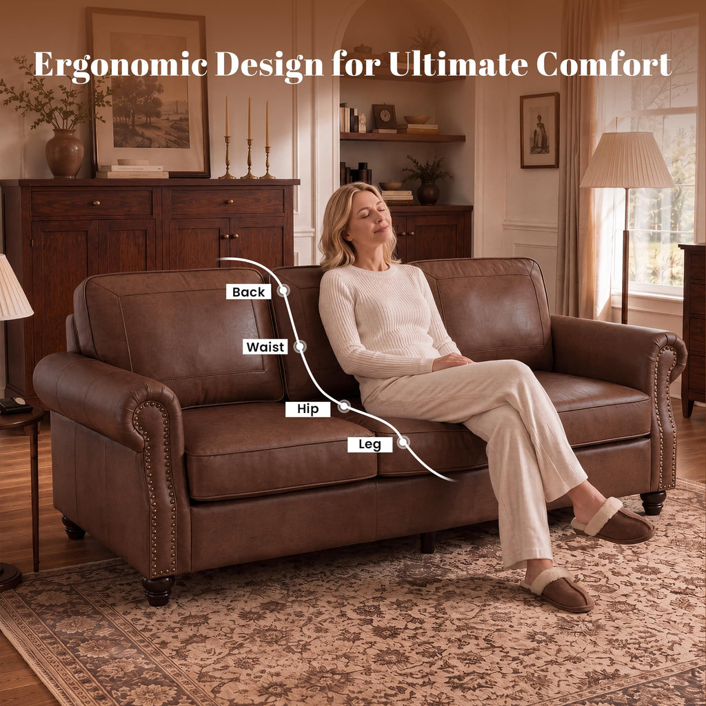 Faux Leather 3 Seater Sofa with Rolled Arms, Rust