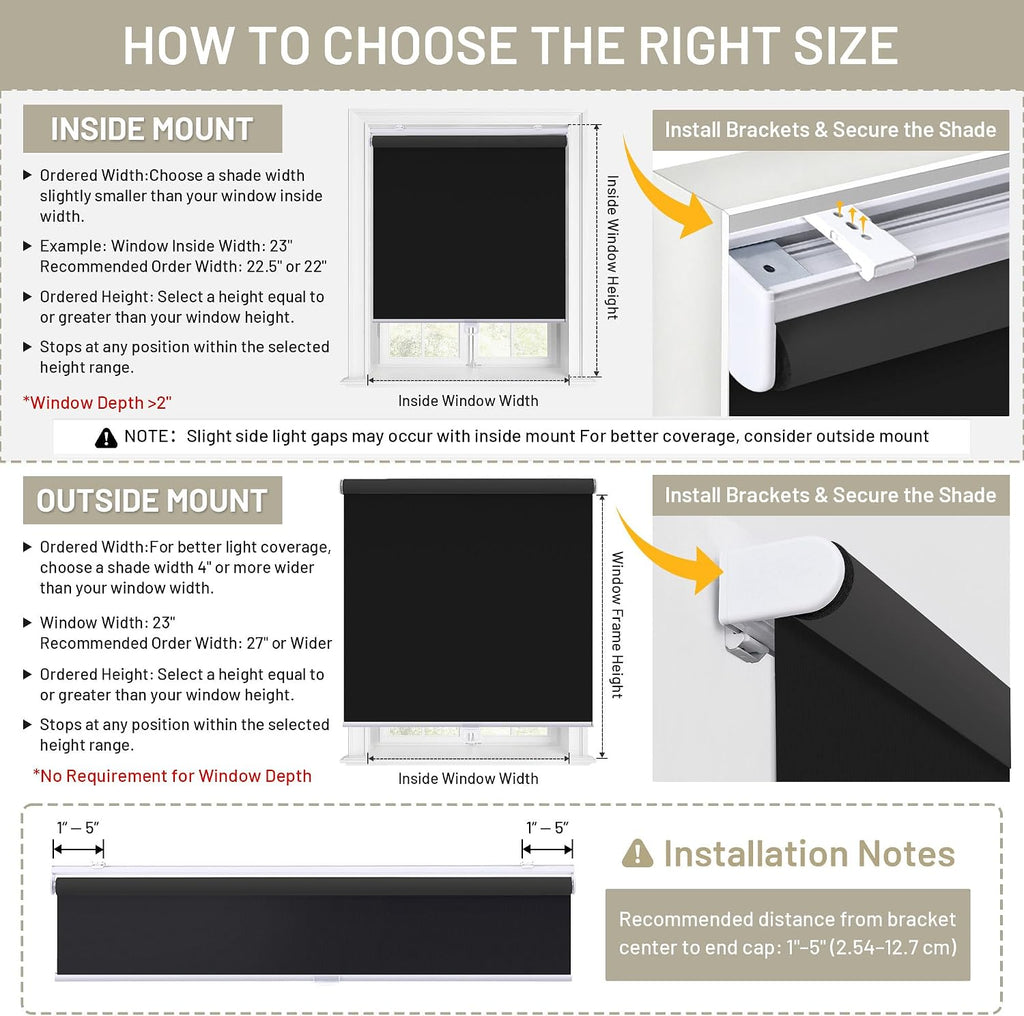 Blackout Cordless Roller Shades Blinds, Black | Blackout Fabric UV Thermal Insulated,Spring System For Windows