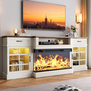 80" Fireplace TV Stand, 3-Sided Glass Fireplace and Modern Entertainment Center, Wooden Media Console with Glass