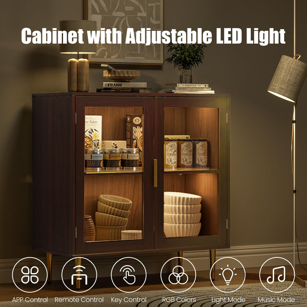 Buffet Cabinet with LED Lights & 2 Acrylic Doors, Walnut