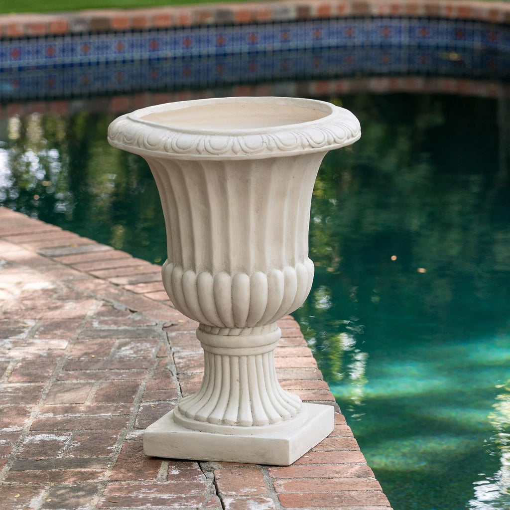 Large Urn Planter Outdoor 26.5" - Antique White Italian Garden Urn Flower Pot, Magnesium Oxide Pedestal Planters for