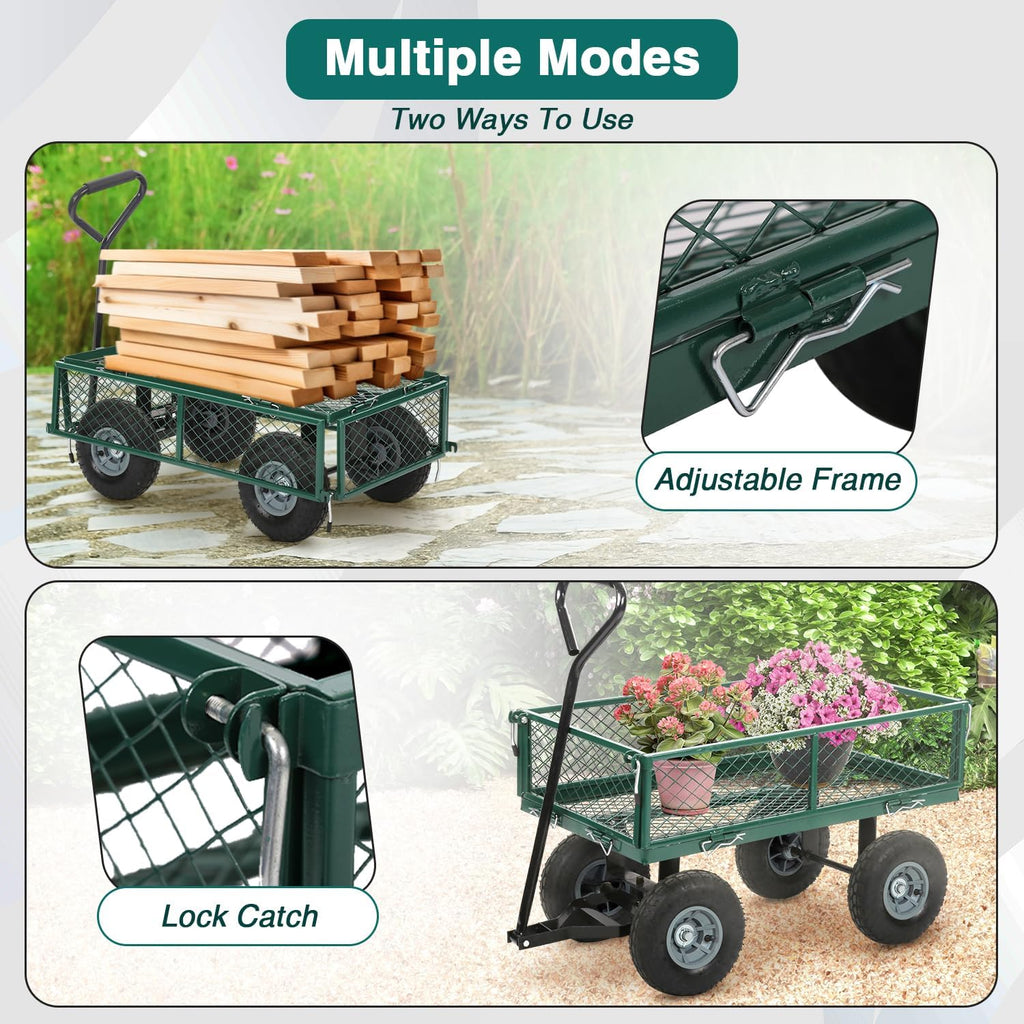 Heavy Duty Garden Cart with Wheels | Green | 500lbs Capacity | Corrosion Resistant Utility Cart with Adjustable Side