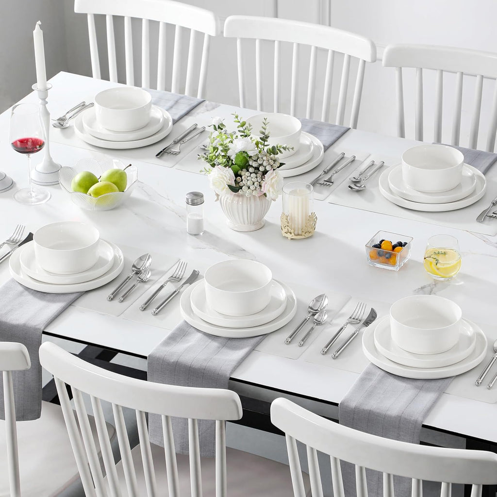 24 Pieces Porcelain Dinnerware Set, Modern White Dish Set for 8, Premium Serving Plates and Bowls Sets