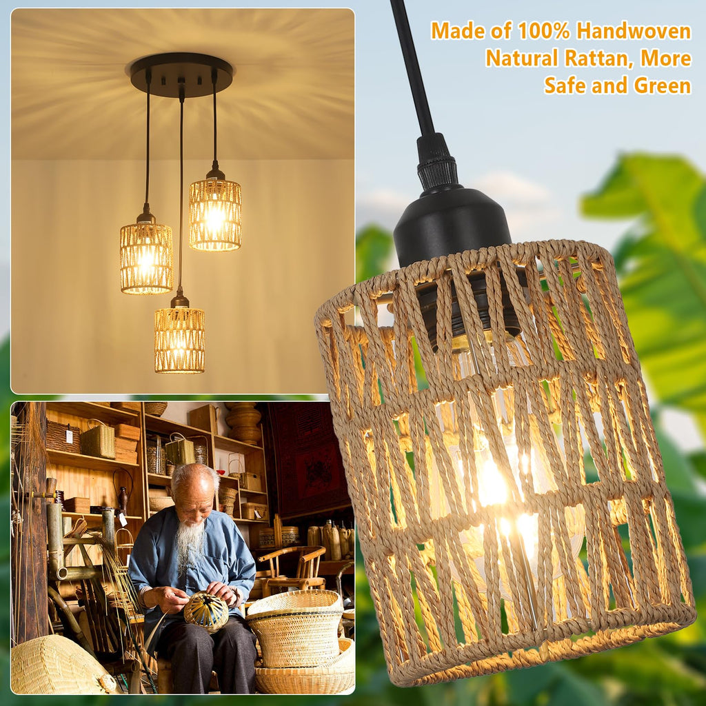 3 Lights Rattan Pendant Light, Farmhouse Dining Room Light Fixtures Ceiling Hanging, Boho Pendant Lighting with Hand