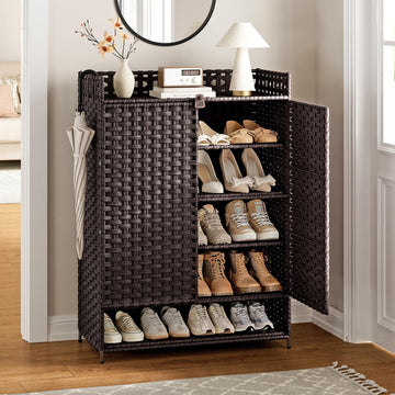 Rattan Shoe Cabinet, 6-Tier 39.8" Tall Shoe Storage Cabinet with Adjustable Shelves, 20 Pairs Storage Cabinet with