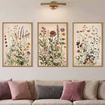 Vintage Wildflower Watercolor Framed Canvas Wall Art Set -16"x24"x3