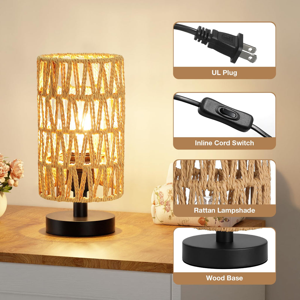 Table Lamps Set of 2 (Rattan Rope Shade - Black Base, 9" Inline Control)