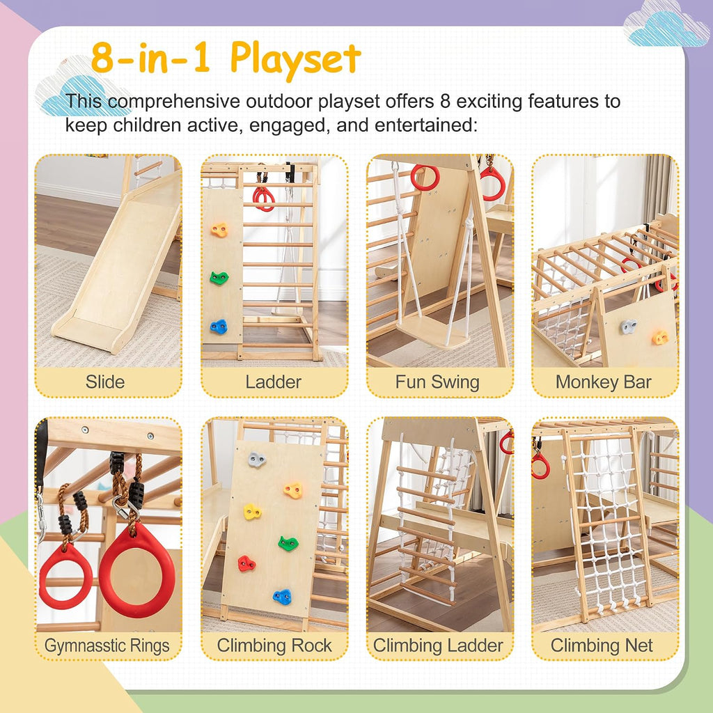 In-1 Wooden Indoor Jungle Gym for Toddlers, Montessori Climbing Playset with Slide, Swing, Climbing Net, Rings