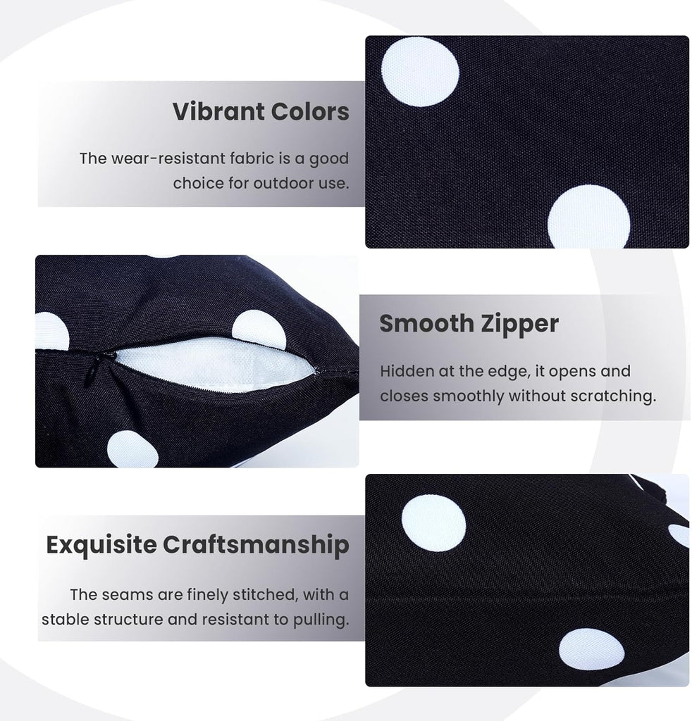 18X18'' Set of 2 Waterproof Outdoor Pillow Covers for Spring Summer Patio Throw Pillows, Black White Polka Dot, 18X18