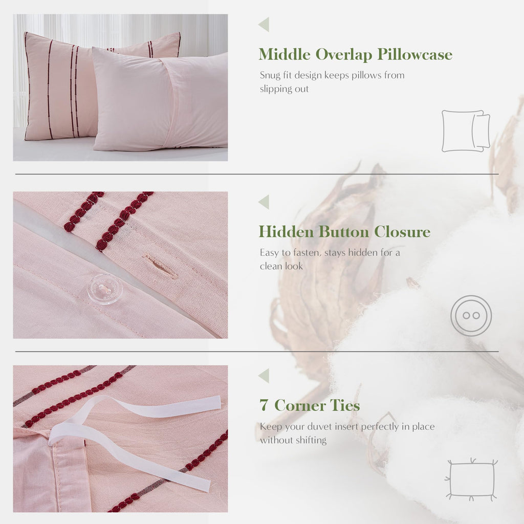 100% Cotton Striped Duvet Cover Set, 3Pcs Boho Linen-Like Textured Comforter Cover with Embroidered