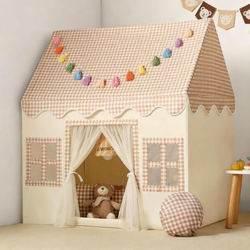 Kids Play Tent Indoor: with Brown Checkered, Mat, Rainbow Tissue Garland - Girl Tent Indoor Playhouse for Girls Kids