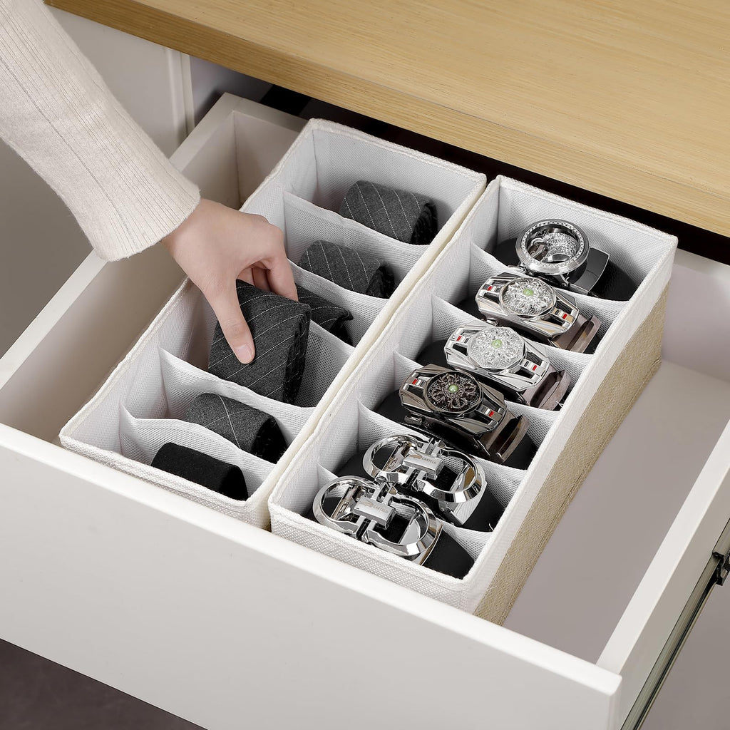 3 Packs Fabric Belt Organizer, 6 Grids Belt Organizer for Closet and Drawer, Foldable Dresser Drawer Organizers, Tie