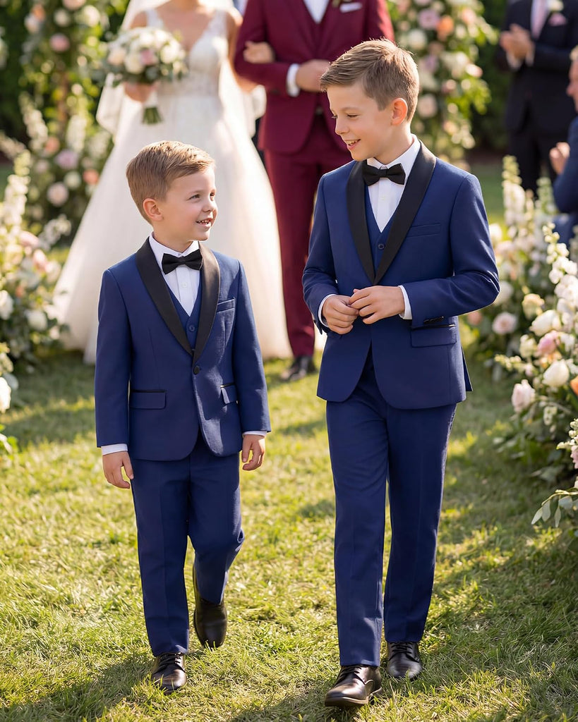 Boys 5 Pieces Tuxedo Suit Set Kids Suits Shawl Collar Jacket Pant Vest Bow Tie for Wedding Ring Bearer Party Prom