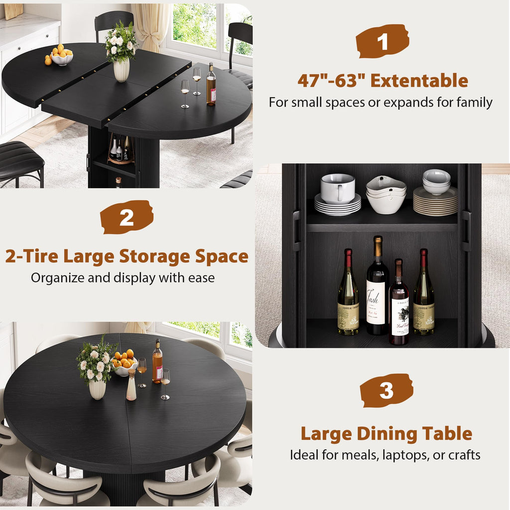 Extendable Round Kitchen Dining Room Table for 4-6 with 2-Tier Storage Shelf, 63'' Space Saving Expandable Wood Oval