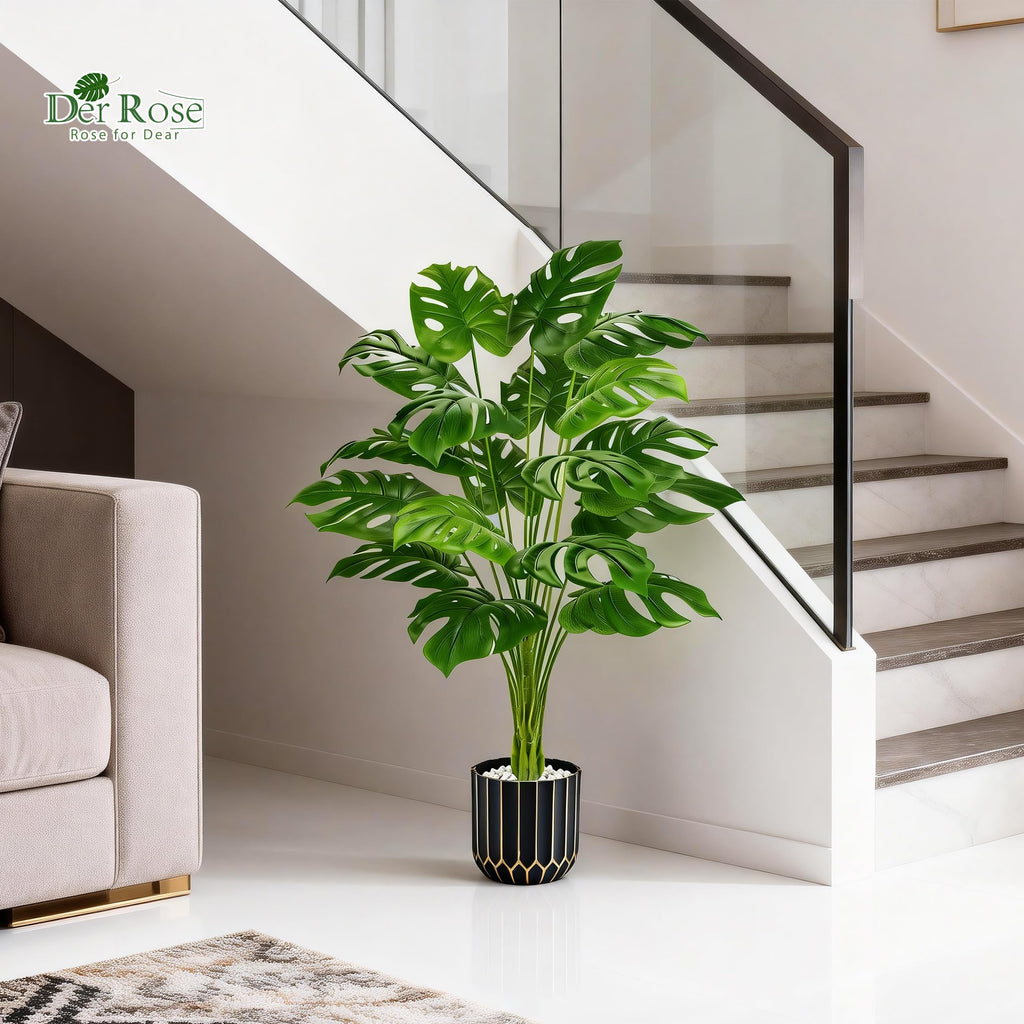 44" Fake Monstera Plant, Artificial Floor Plant in Black Gold Pot