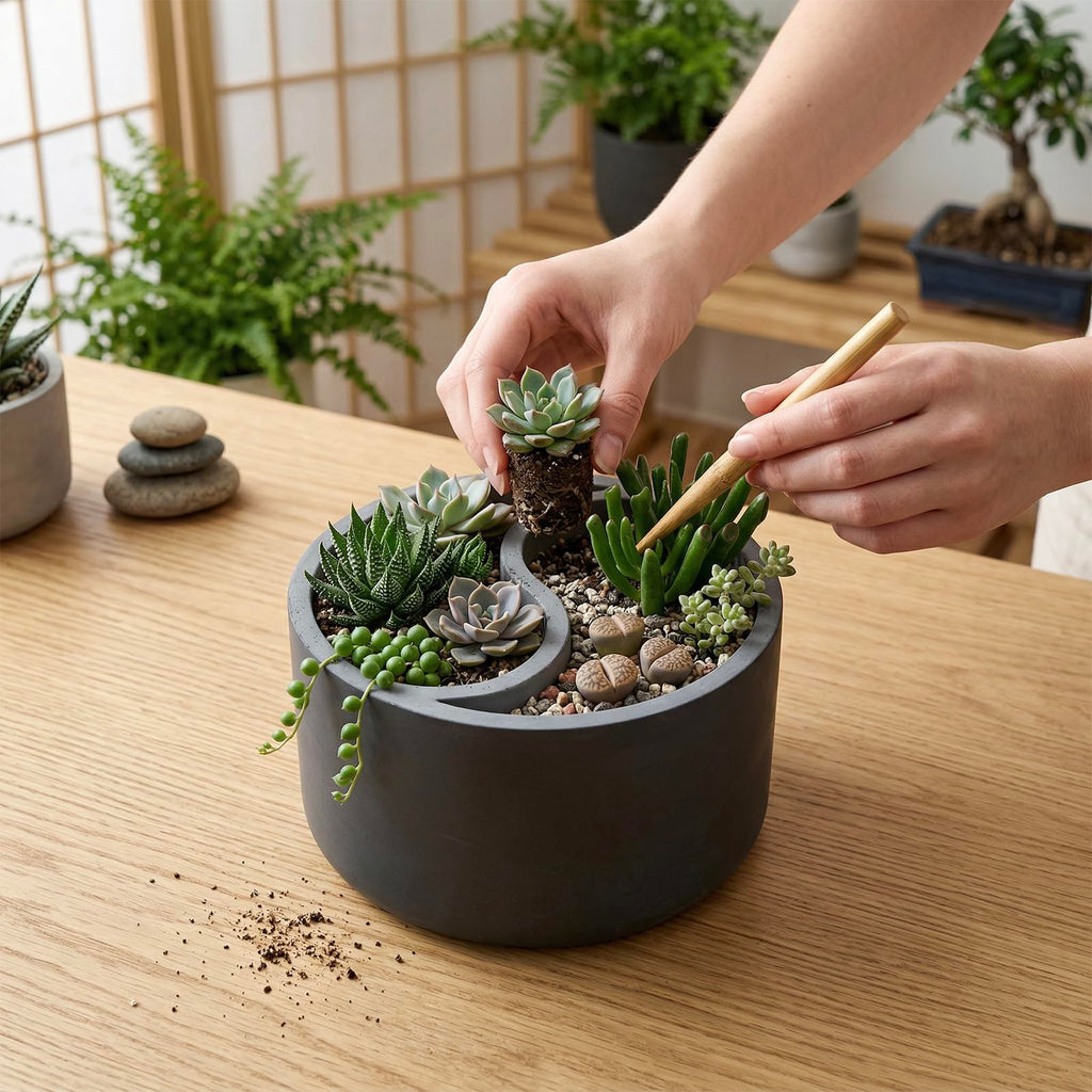8 Inch Round Yin Yang Shaped Gray Concrete Succulent Planter with Drainage Holes, Decorative Indoor Garden Dual Sided