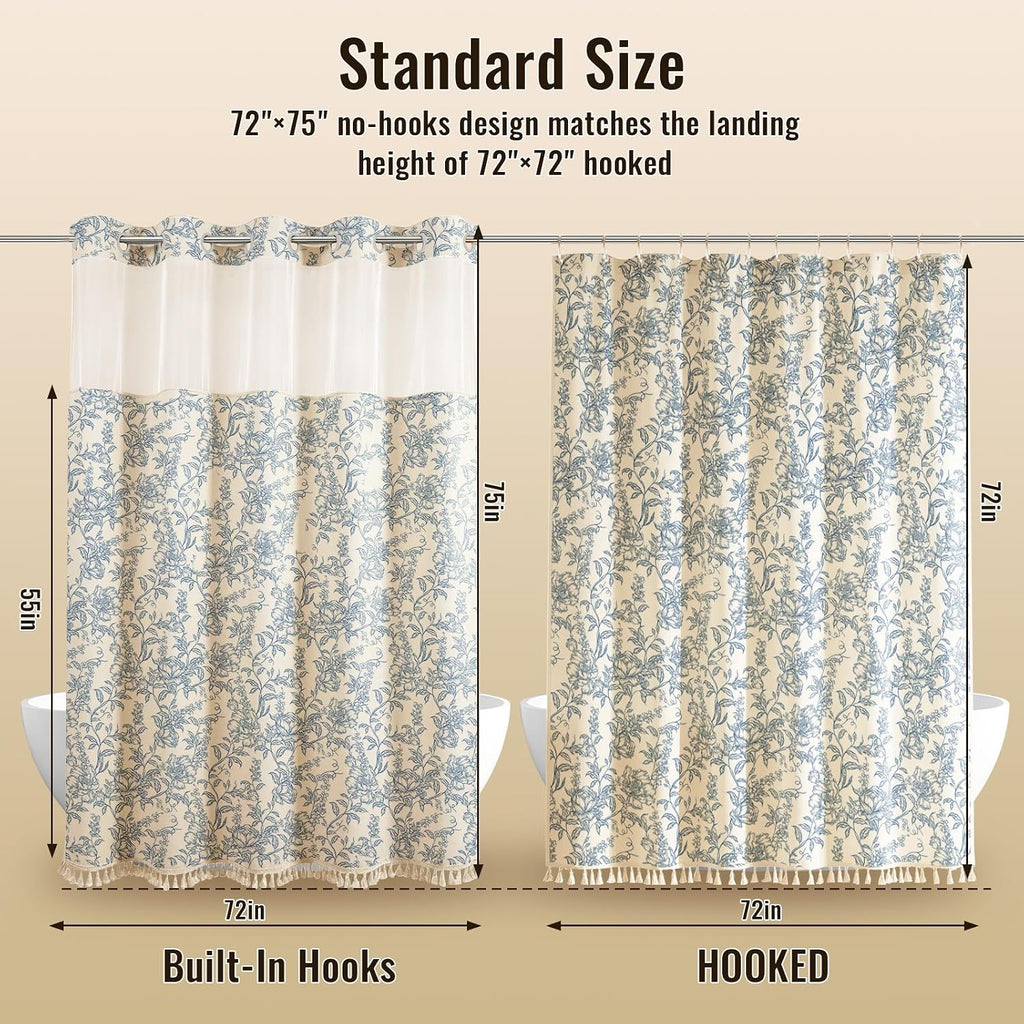 Vintage Blue Floral No Hook Shower Curtain Set with Snap-in Liner 72"x75" | Farmhouse Fabric 2 in 1 Shower Curtain