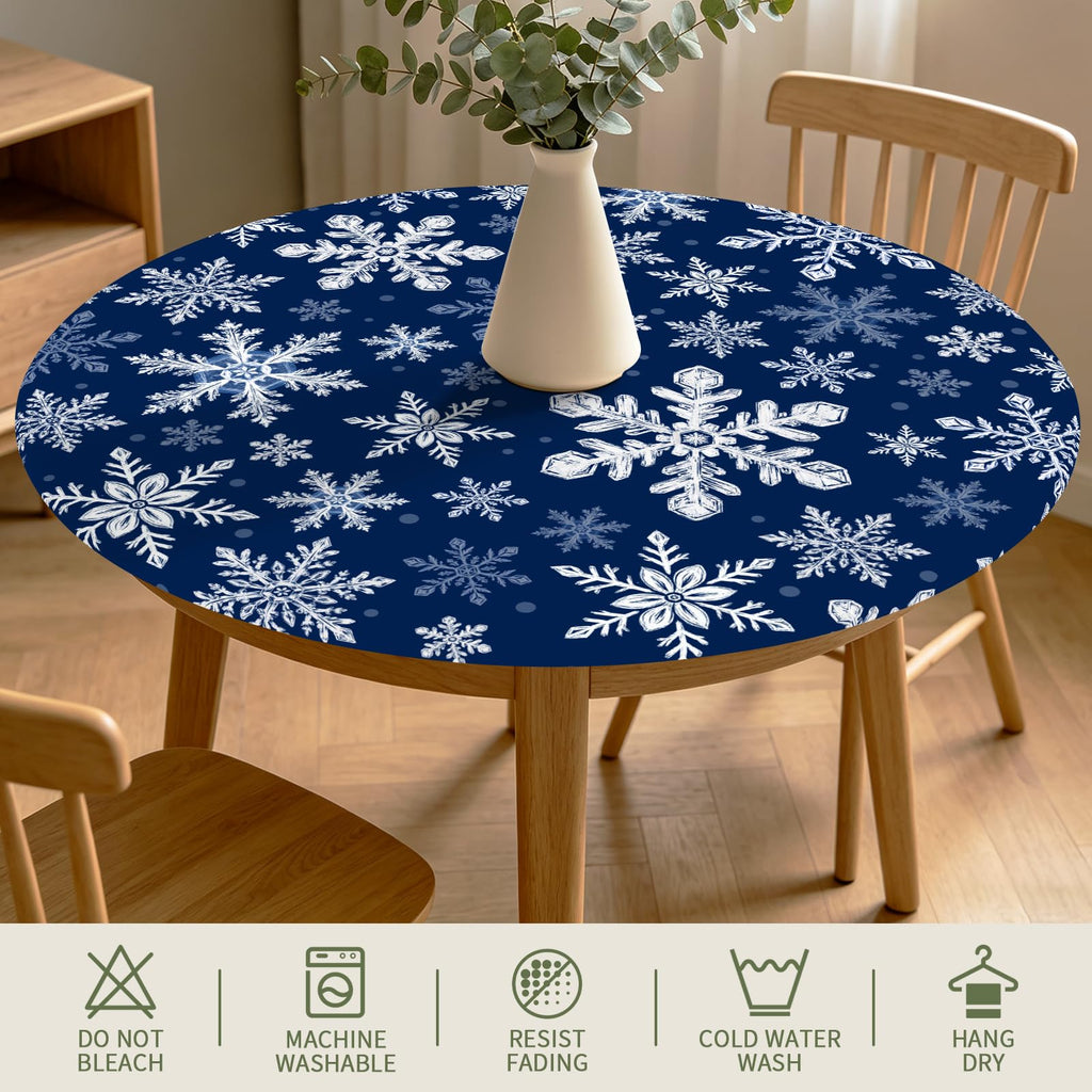 Blue Christmas Round Fitted Tablecloth with Elastic for 48"-52"