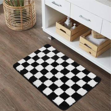 Bath Mats, Black and White Checkered Machine Washable Bathroom Rug Non Slip, 18x26 Water Absorbent Soft Microfiber