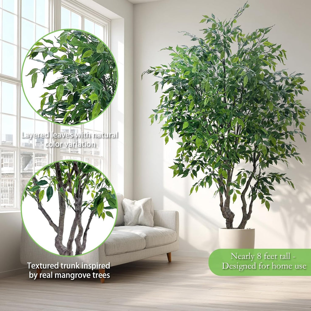 8FT Artificial Ficus Tree - Lifelike Faux Indoor Tree with Natural Trunk, Large Fake Plant & Commercial Interior Decor