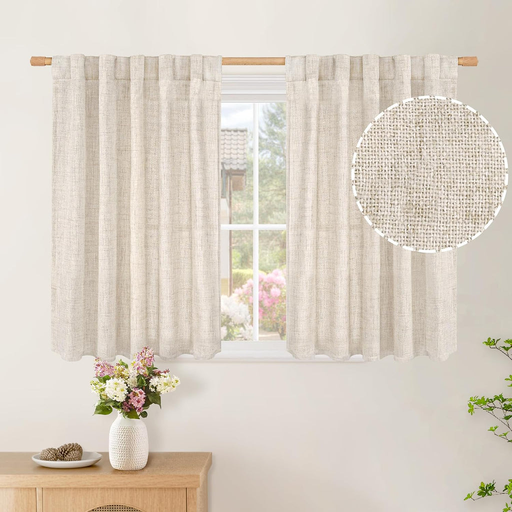 Linen Cafe Curtains 36 Inch Length for Small Windows, Half Drapes Semi Sheer with Rod Pocket and Back Tab Textured