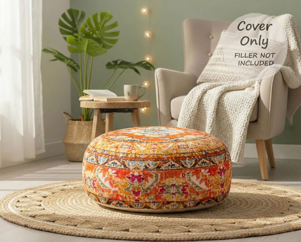 Colorful Pouf Cover Orange Round Orange Floor Pillow Seating Area Stool Boho Room Décor Accent Furniture Cotton 24x8