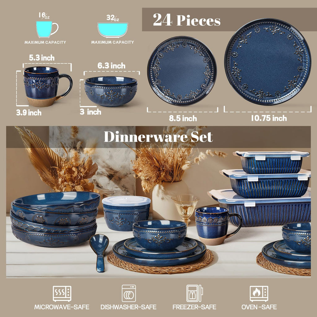 24-Piece Handcrafted Ceramic Dinnerware Set with Mugs, Service for 6 - Reactive Glaze Embossed Plates, Bowls & Mugs