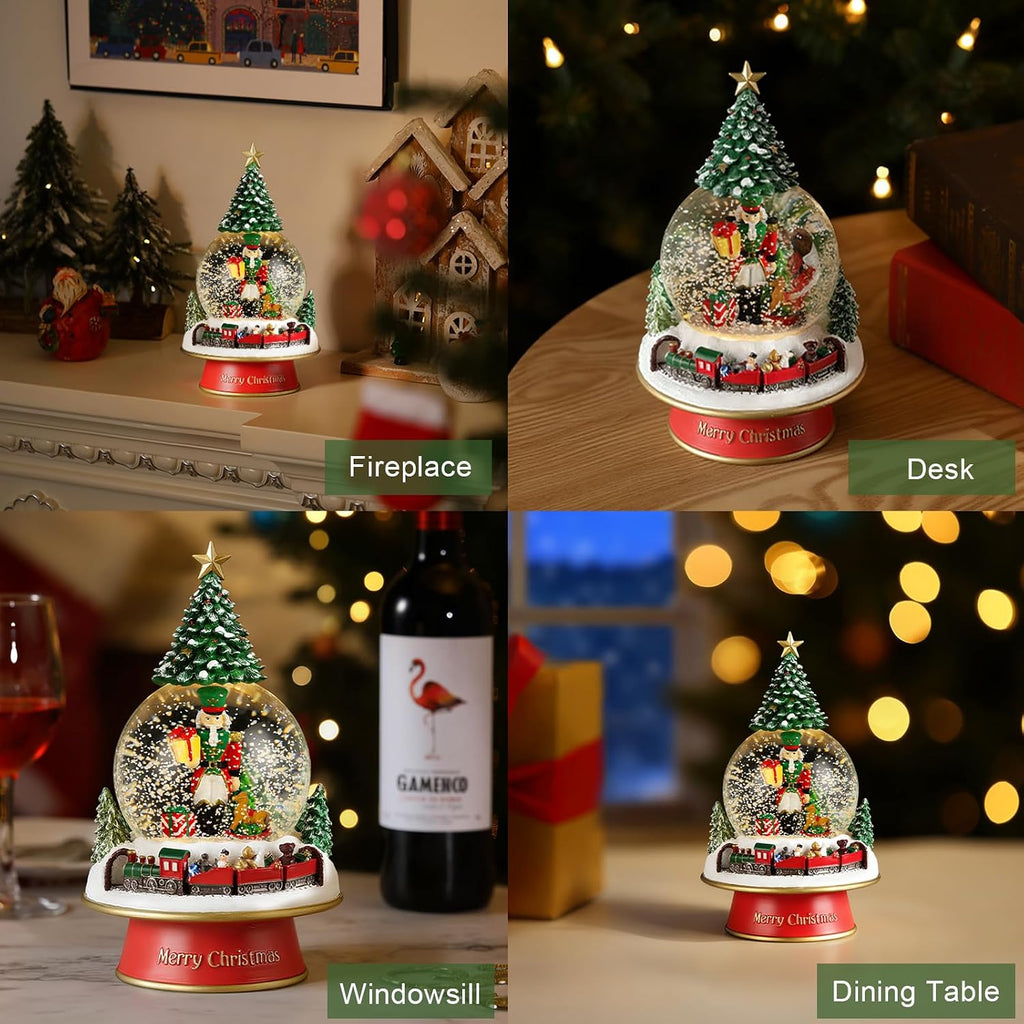 Christmas Snow Globe with Music and Light, Train Base & Nutcracker