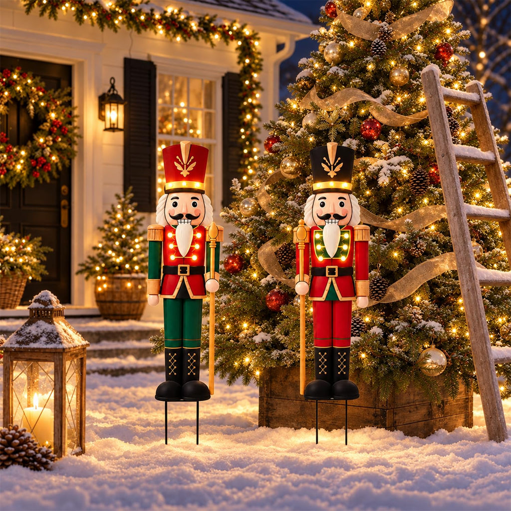 Outdoor Nutcracker Christmas Decor Lights, 2 Pack 48.2" Metal Yard Stakes