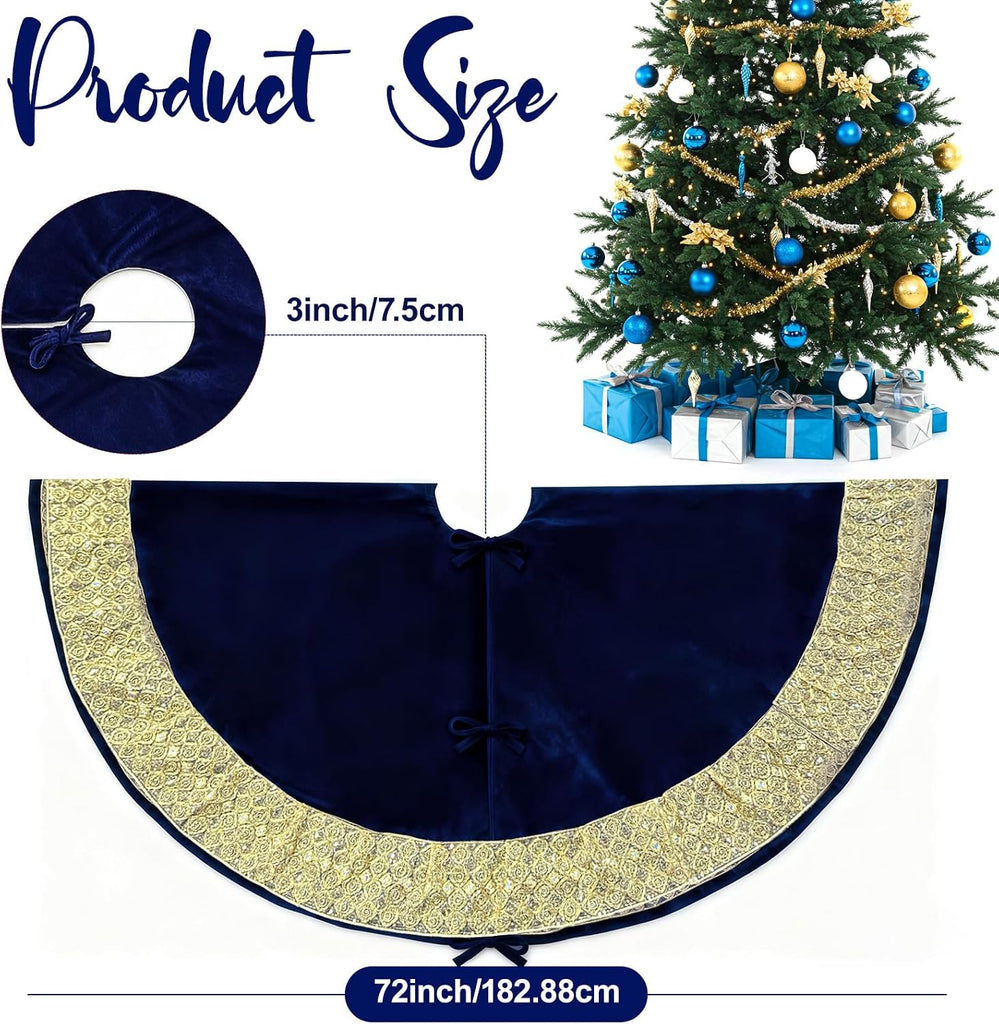 72Inch Christmas Tree Skirt, Extra Large Velvet Tree Base Cover with Gold Glitter Trim and Bow, Big Tree Skirt for