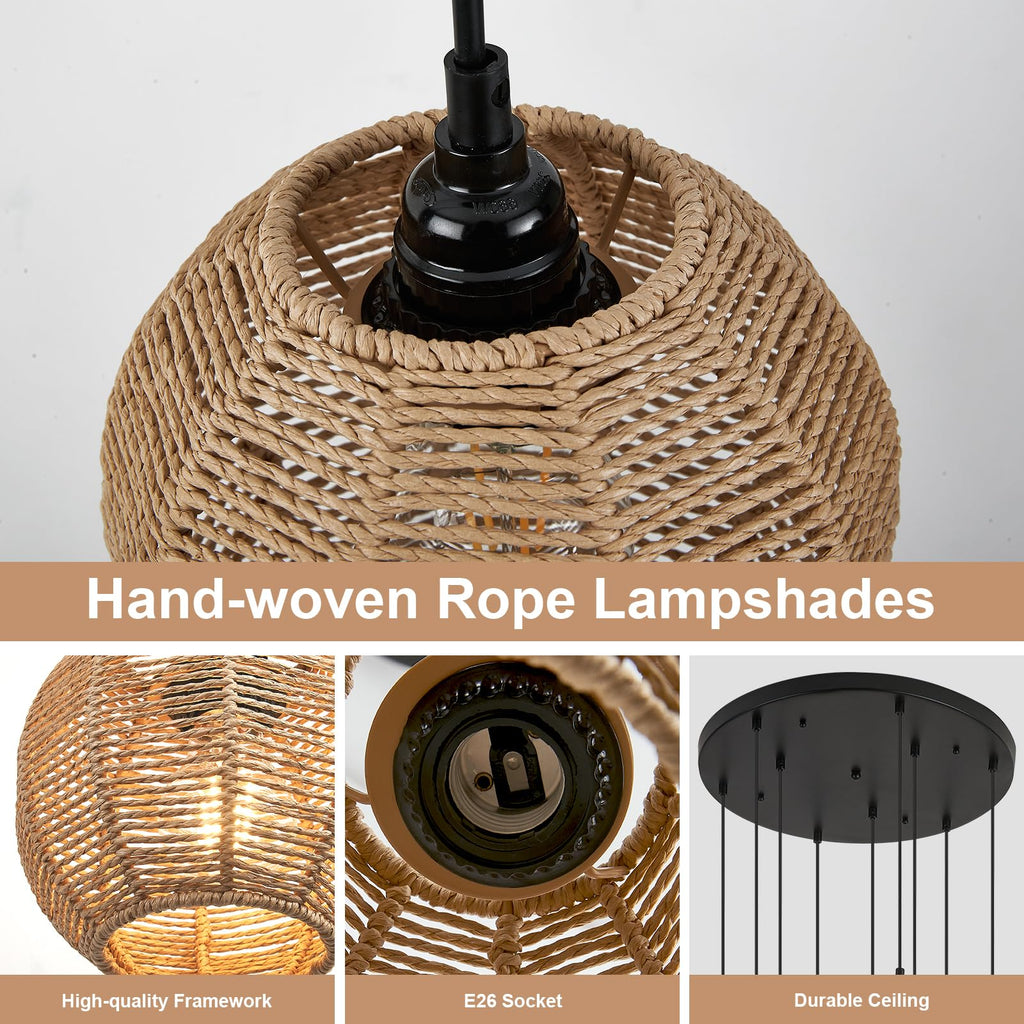 Round 9 Light Boho Pendant Light Rattan Hanging Lamp