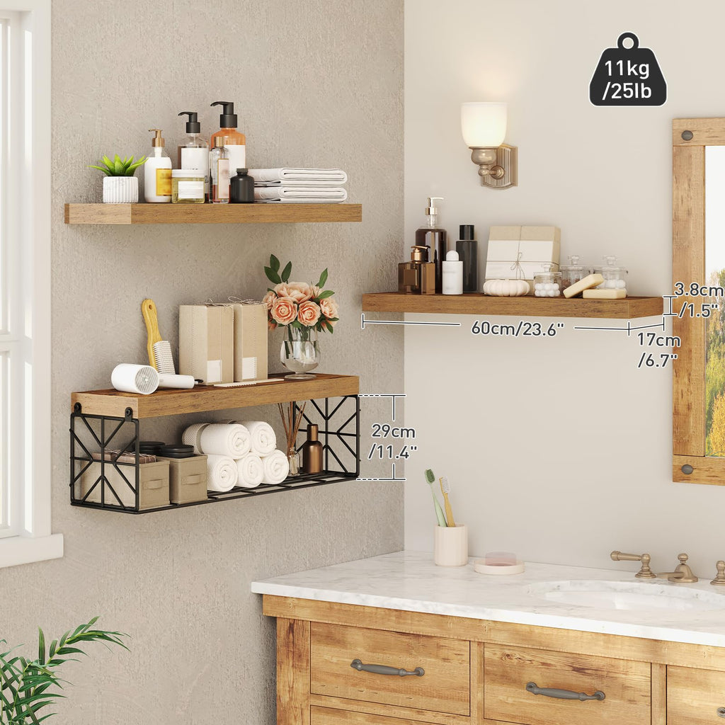 Floating Shelves for Wall, 23.6" Wall Mounted Shelves Set of 3, 1.5" Thick Hanging Shelf Storage, Farmhouse Decor