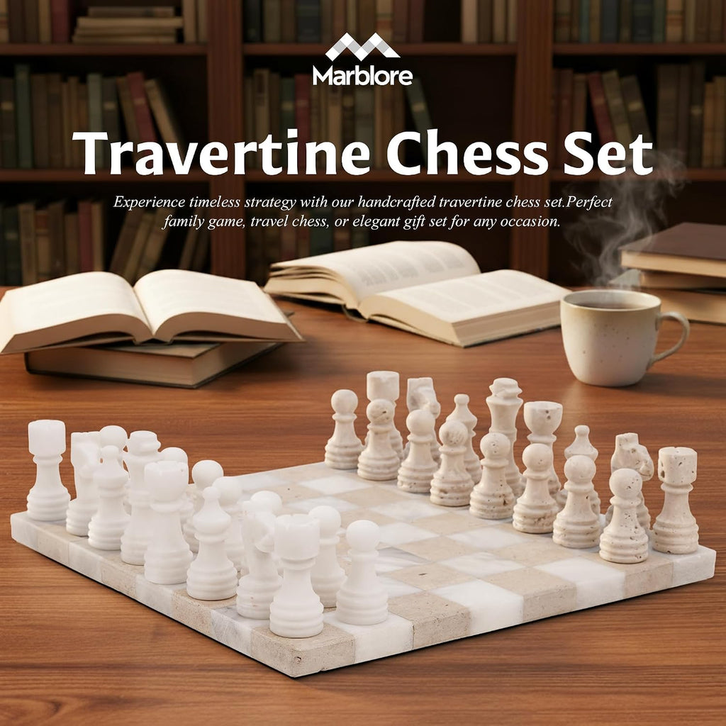 Marble Chess Sets for Adults 12 Inch White & Travertine