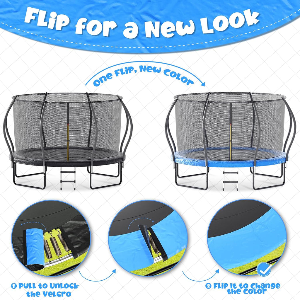 Trampoline Outdoor, 8FT 10FT 12FT 14FT Trampoline for Kids with Enclosure and Double-Sided Color - Blue&Black, ASTM