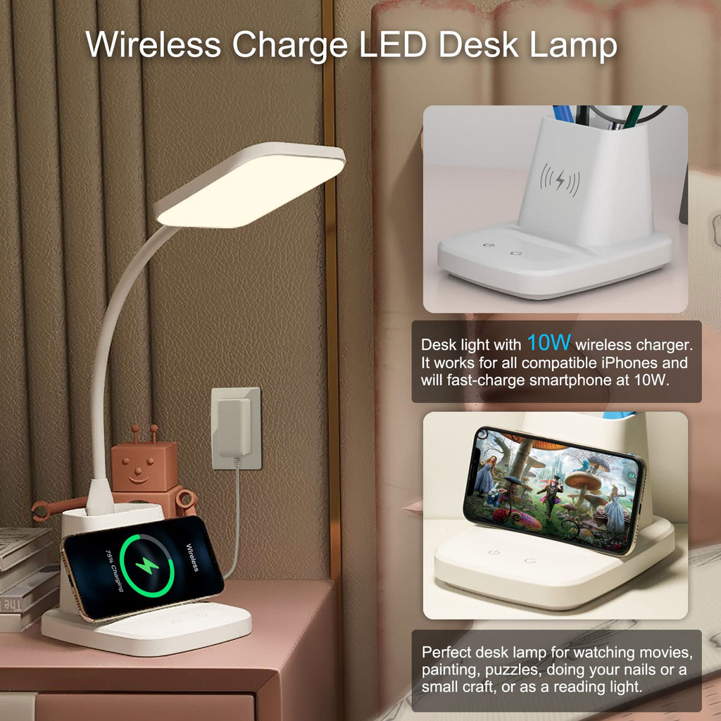 Upgraded 10W Wireless Charging LED Desk Lamp with Pen Holder, White